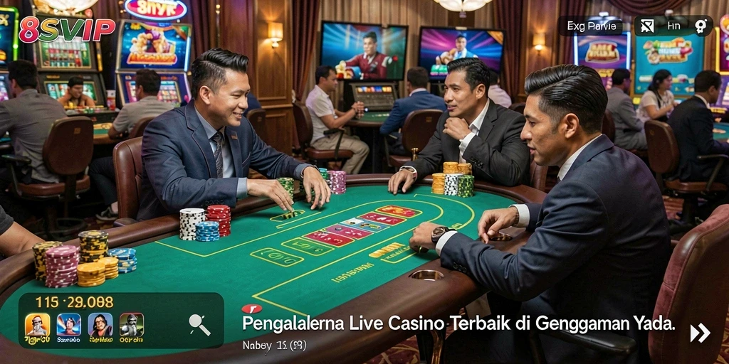 Screenshot gameplay Live Casino di 8SVIP, menunjukkan dealer dan pemain dalam aksi.