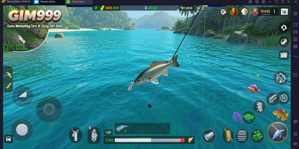 Tampilan gameplay GIM999 dengan grafik memukau saat memancing.