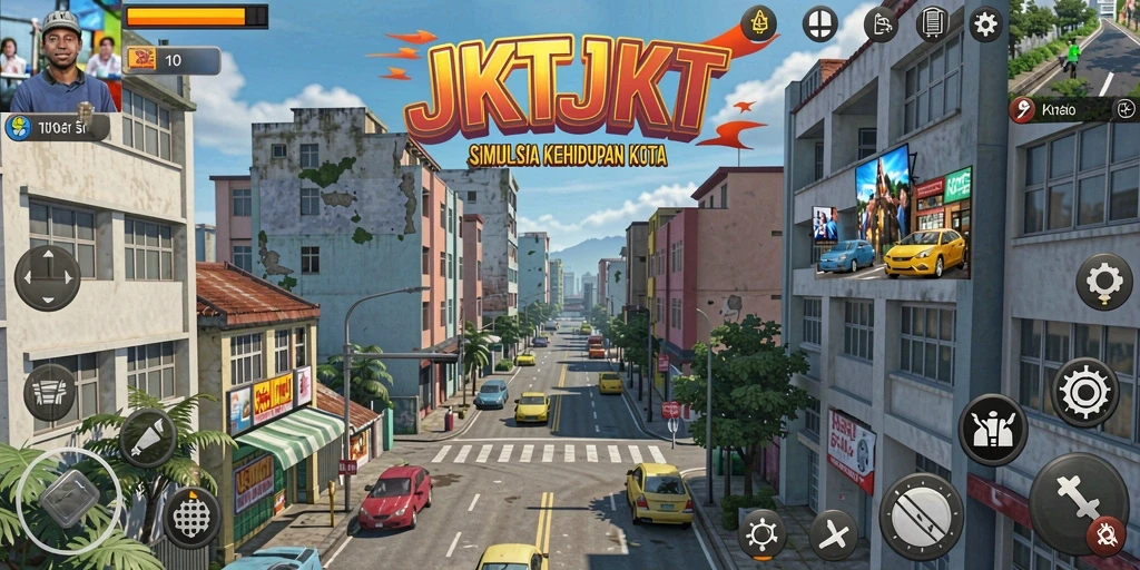 Gameplay JKTJKT menunjukkan interaksi karakter dalam lingkungan urban.