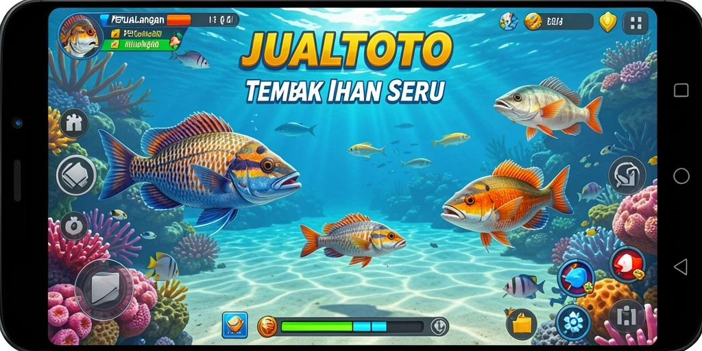 Screenshot utama JUALTOTO menampilkan aksi menembak ikan yang seru.