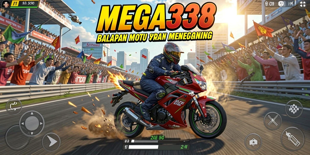 Tampilan gameplay seru di MEGA338 dengan balapan motor yang menegangkan.