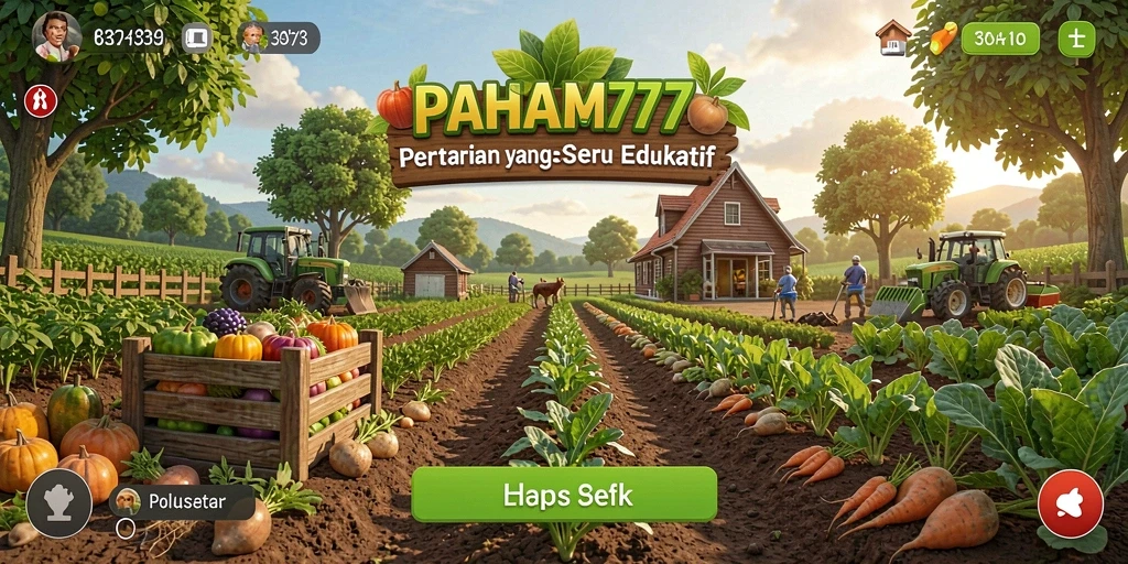 Tampilan gameplay PAHAM777 yang menampilkan ladang luas dan aktivitas bertani.