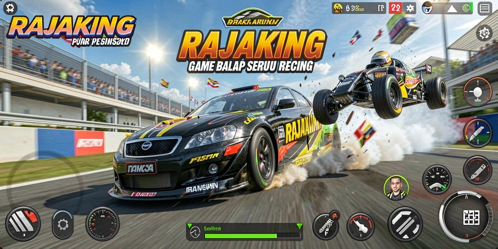 Gameplay seru di lintasan balap RAJAKING yang penuh aksi.