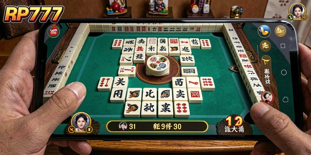 Tampilan gameplay menarik dari RP777 dengan ubin Mahjong yang berwarna-warni.